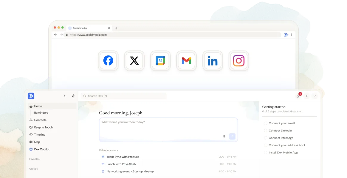 Dex browser extension across a web browser and the Dex app, with floating tiles for Facebook, X, Google Calendar, Gmail, LinkedIn, and Instagram.