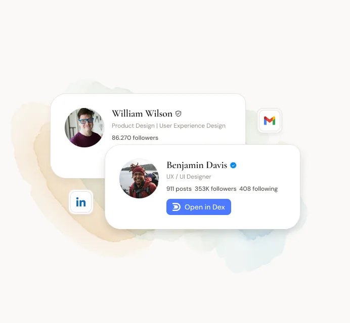 Dex Chrome extension overlaying a LinkedIn profile with quick contact actions and follower stats.