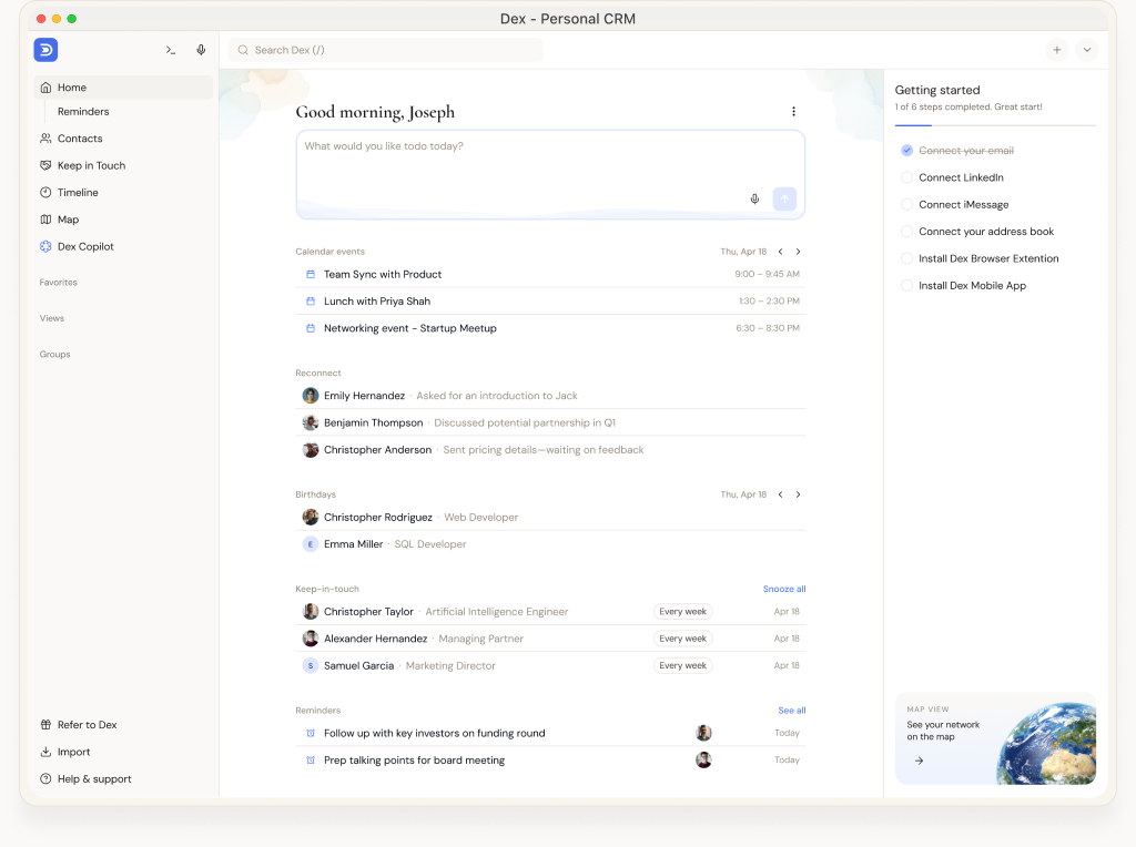 The Dex desktop application showing the daily agenda, reminders, and a contact profile.