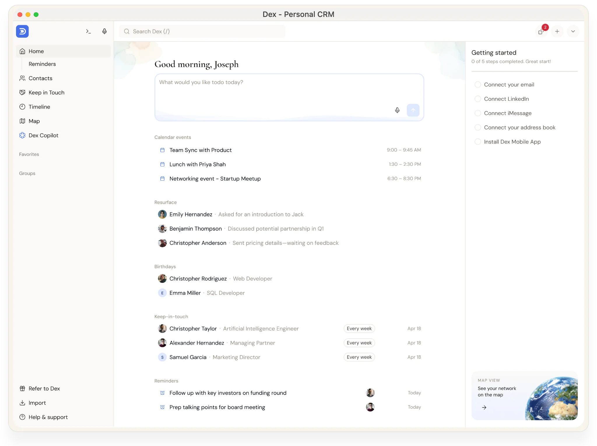 The Dex desktop application showing the daily agenda, reminders, and a contact profile.