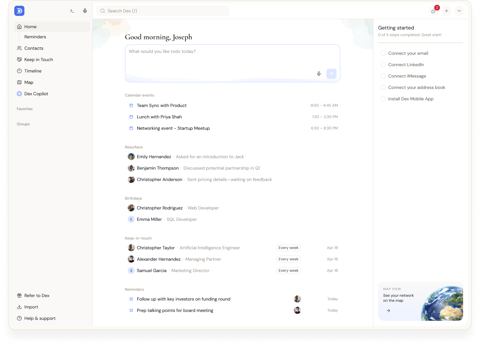 The Dex relationship workspace shown on a desktop.