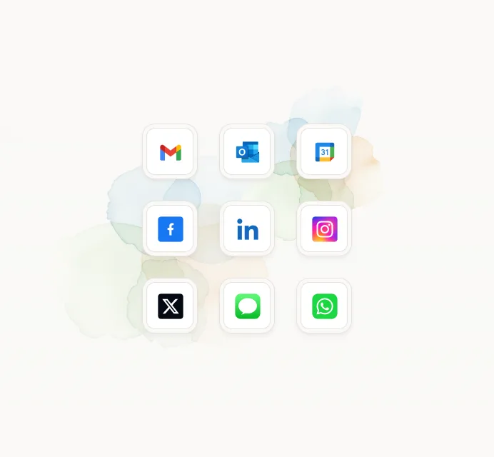 Tiles for Gmail, LinkedIn, Facebook, Outlook, and other integrations Dex can pull contacts from.
