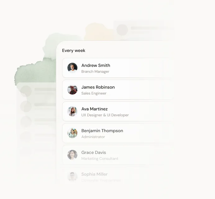 Dex contact list grouped by weekly keep-in-touch reminders.