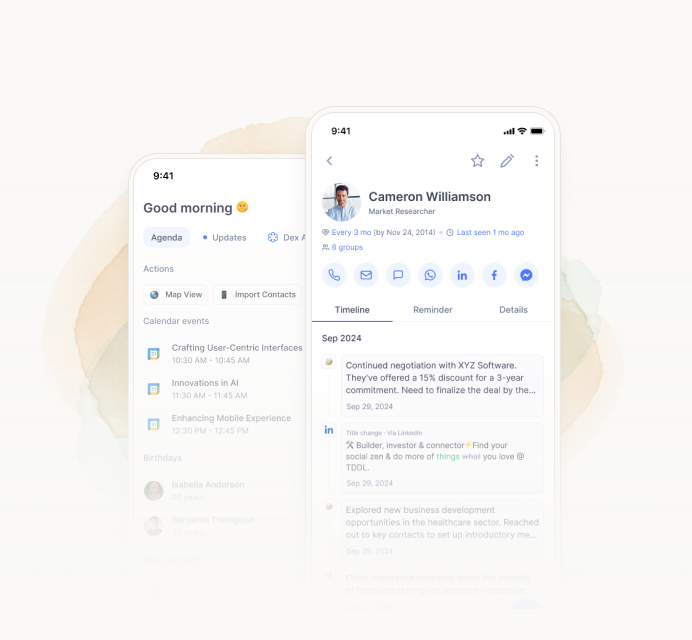 Two phones running the Dex mobile app — a daily agenda and a contact profile.