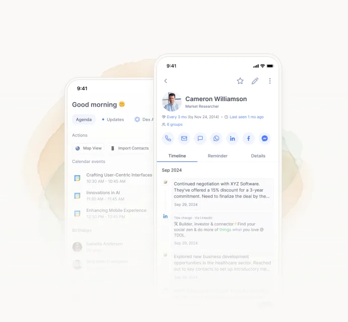 Two phones running the Dex mobile app — a daily agenda and a contact profile.
