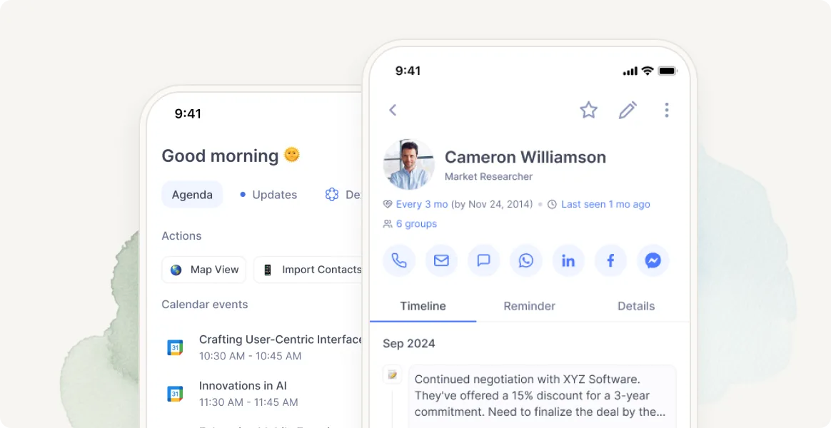 Two phones running the Dex mobile app — a daily agenda and a contact profile for Cameron Williamson.