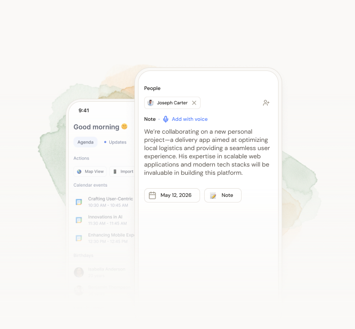 Dex mobile app showing a quick note being added to a contact.