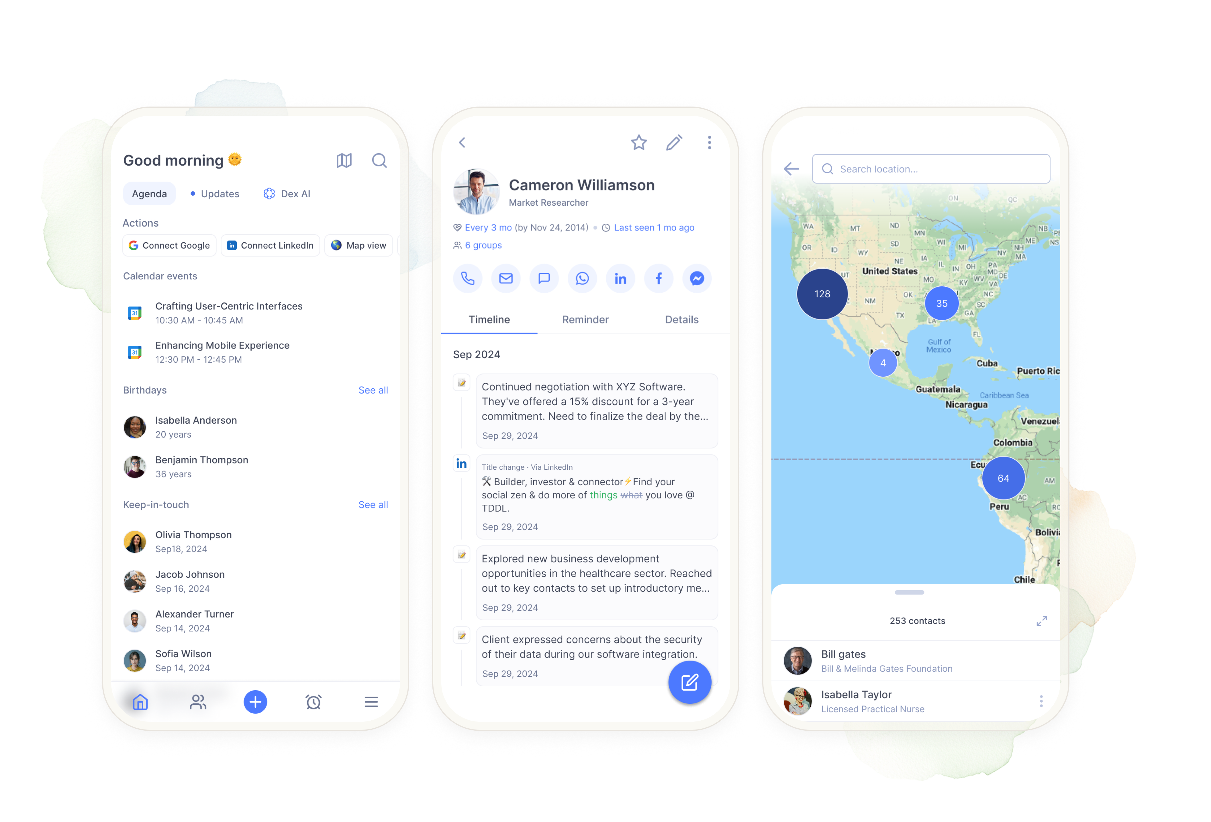 Three phones running the Dex mobile app — a daily agenda, a contact profile, and a contact map.