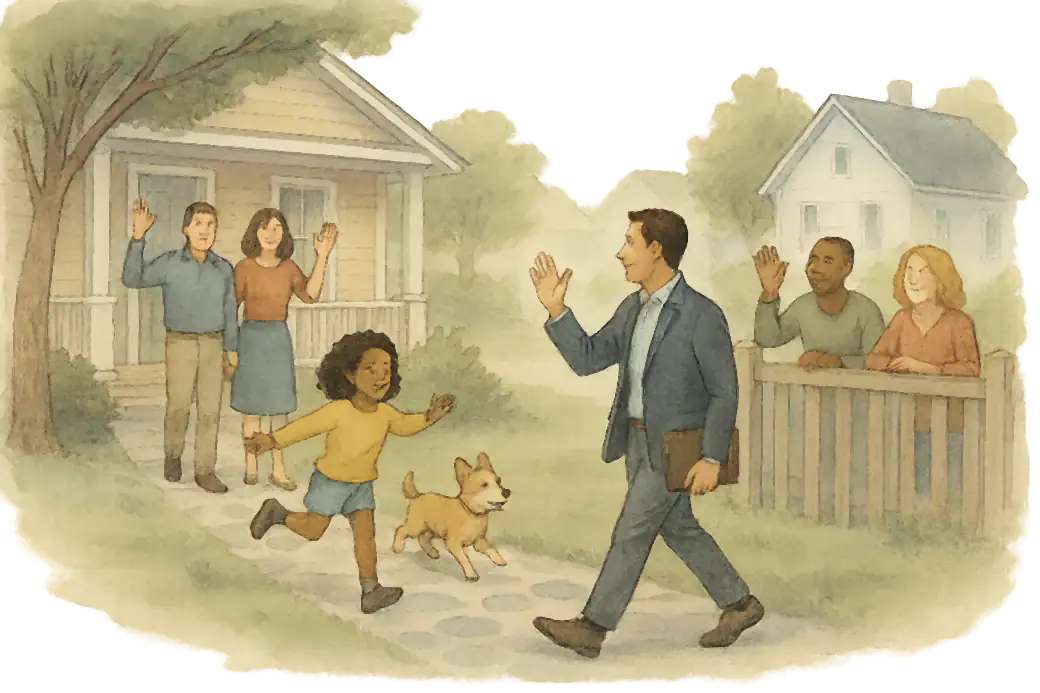 Watercolor of a real estate agent walking up to a past client’s home as the family and their neighbors wave hello.