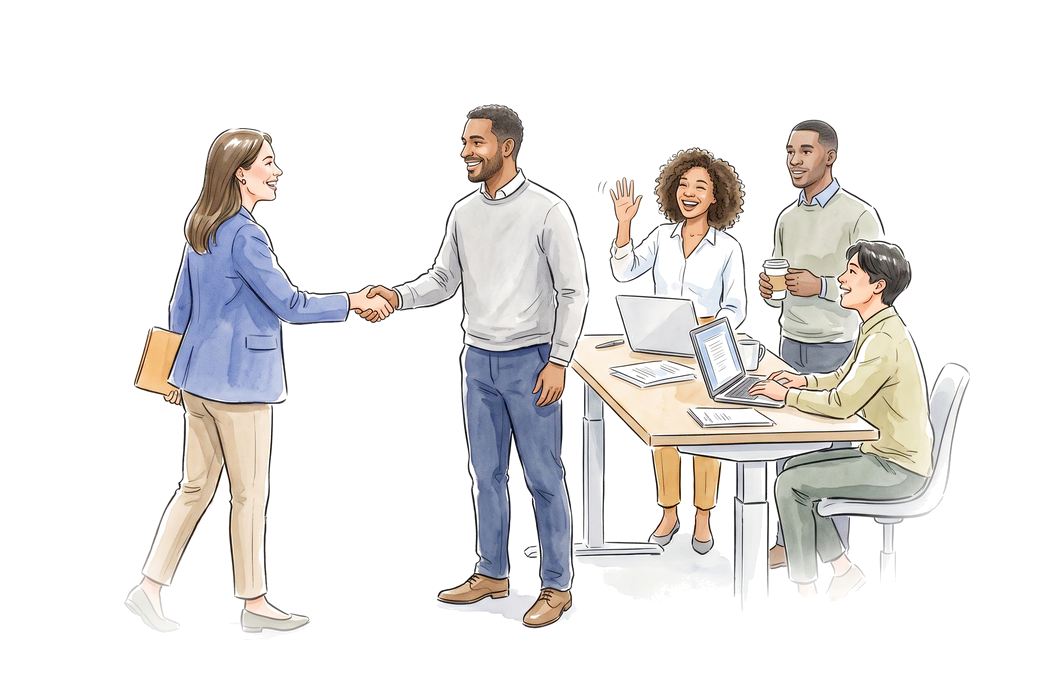 Watercolor of a recruiter shaking hands with a candidate she placed, now leading a team, as his teammates wave hello.
