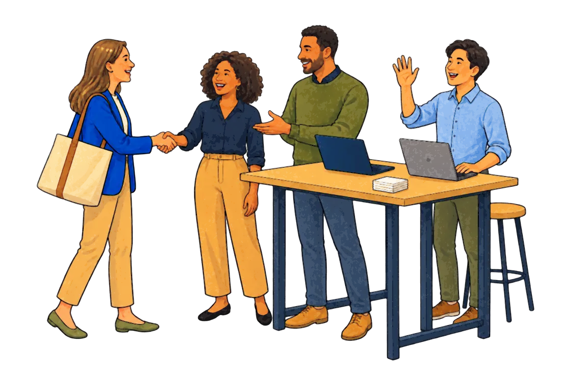 Watercolor of a teammate introducing a visiting contact to a colleague, while two more teammates look up from a shared table and wave.