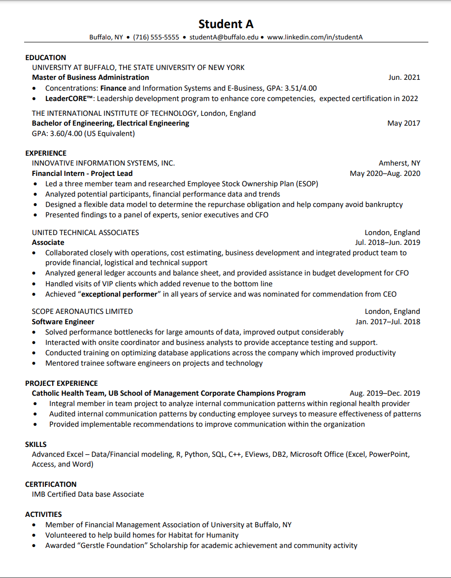 Example MBA Resume from the University of Buffalo School of Management