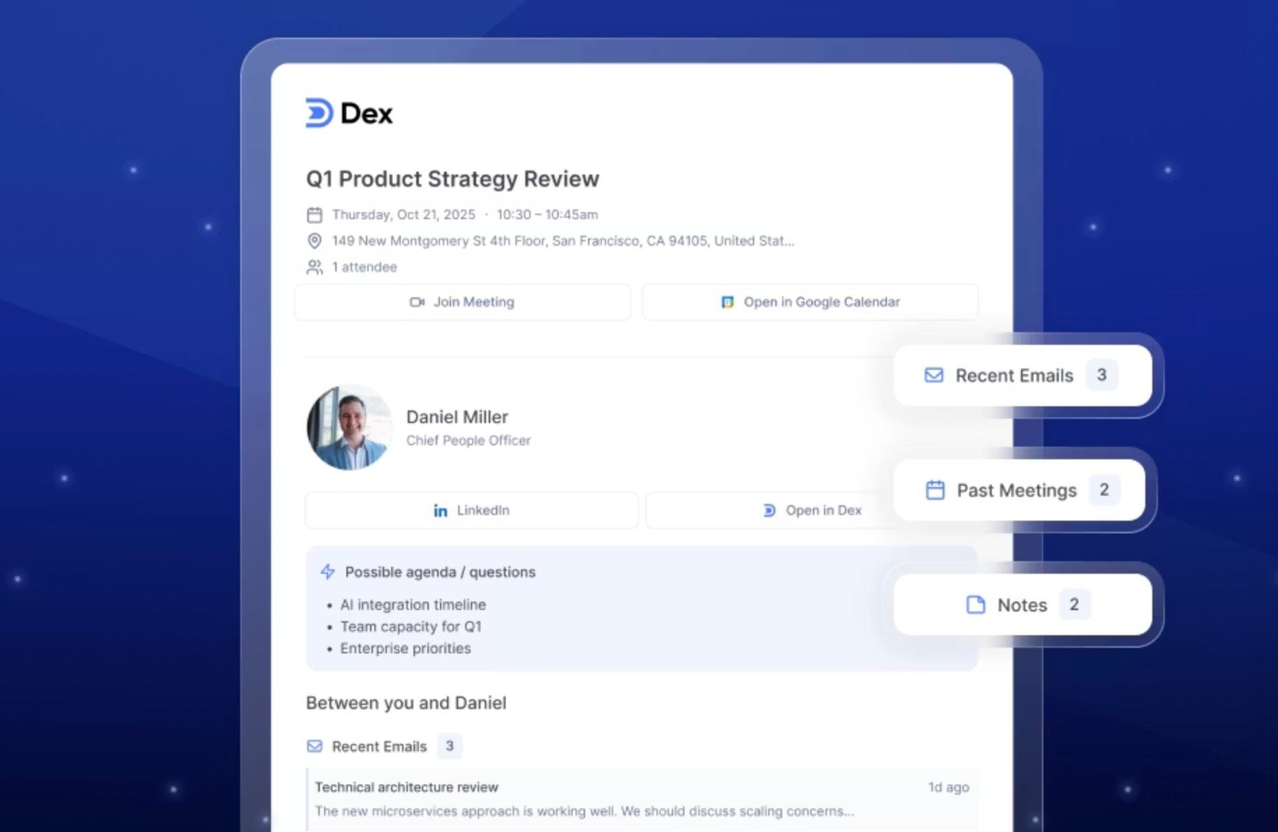 Pre-meeting briefs from Dex