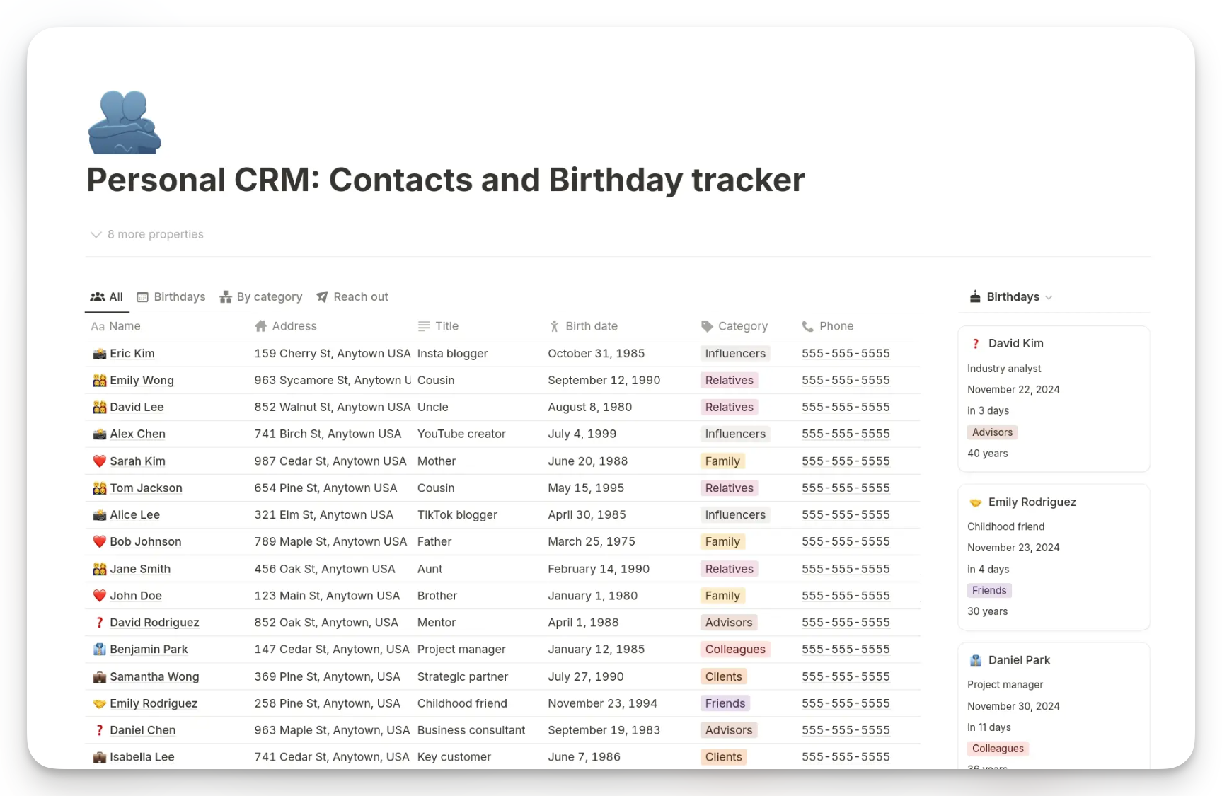 Personal CRM dashboard from notion.com