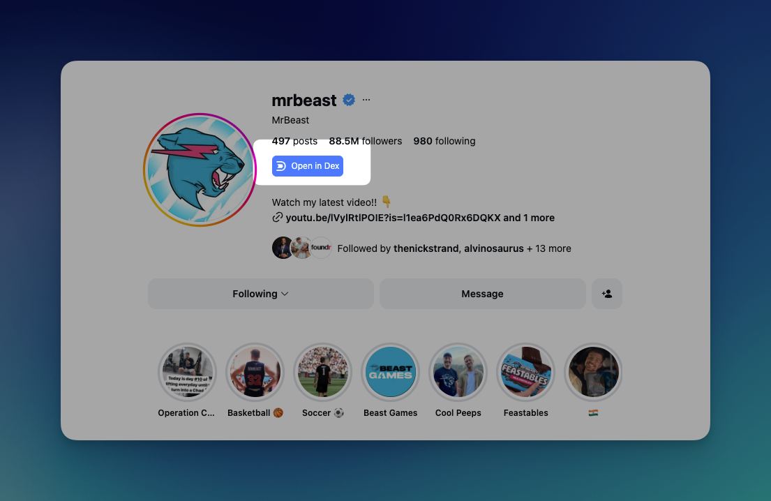 Open in Dex button from the Dex Extension on an Instagram profile