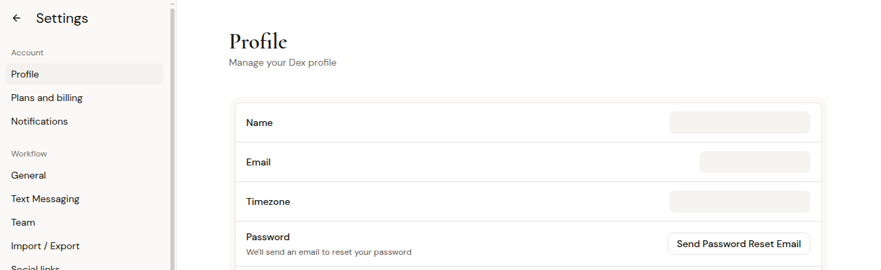 Dex Profile settings showing the Send Password Reset Email button