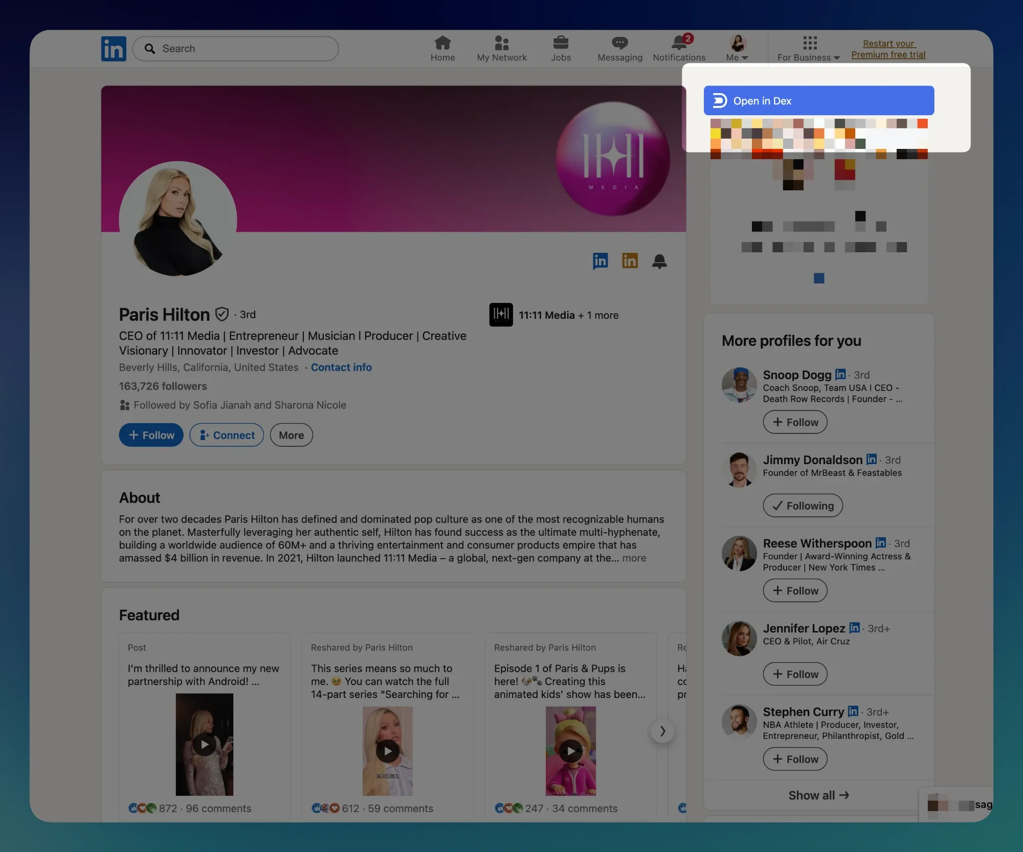 Open in Dex button from the Dex Extension on a LinkedIn profile