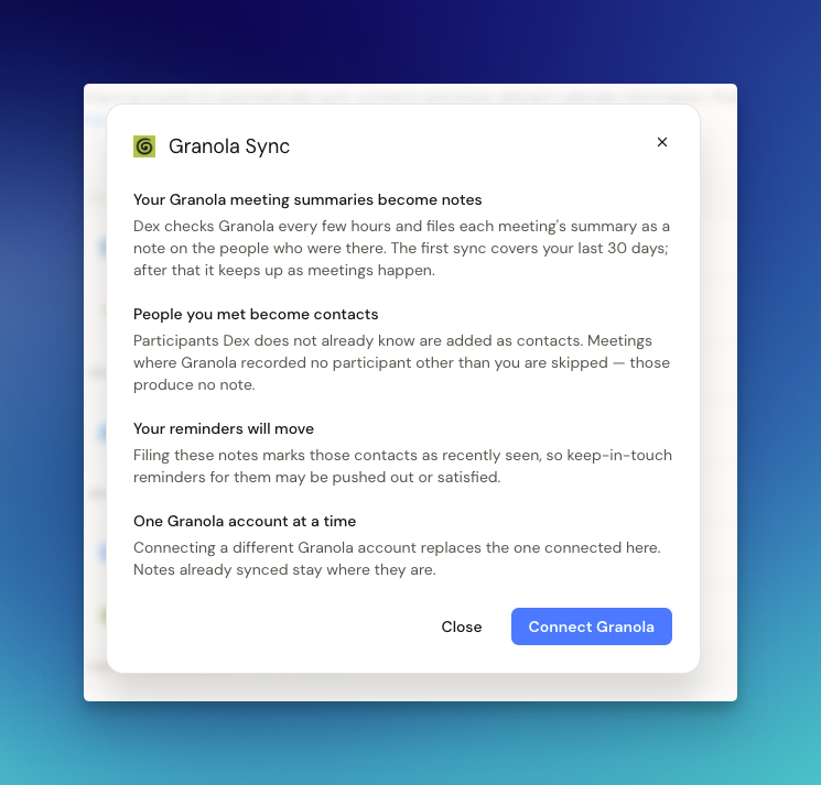 Granola Sync details dialog