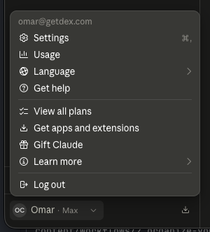 Claude account menu with Settings