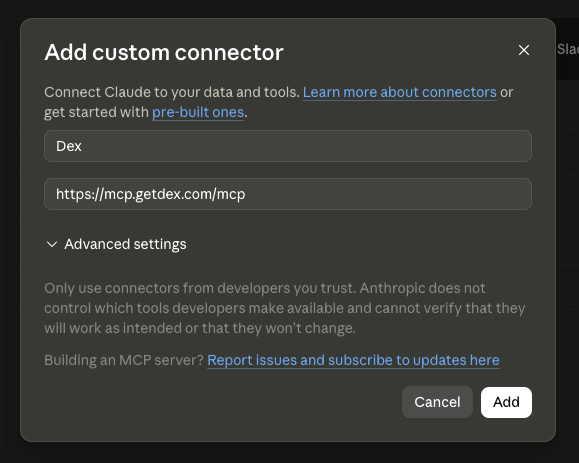 Claude add custom connector dialog
