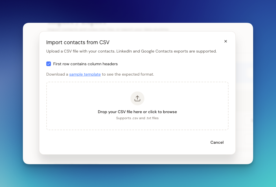 Import contacts from CSV upload dialog