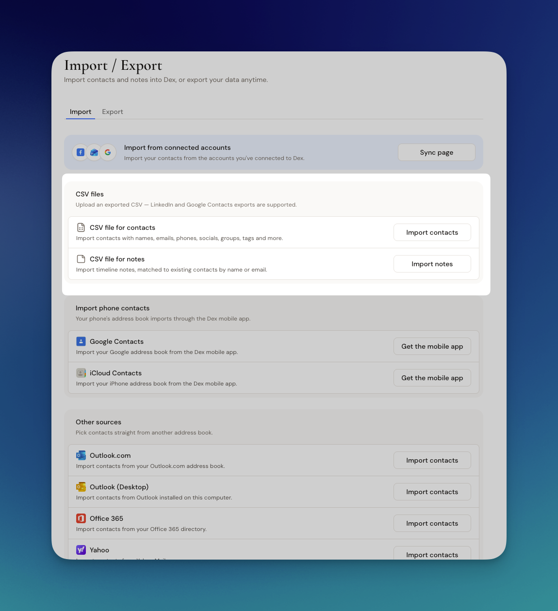 Import page with the CSV file for contacts option