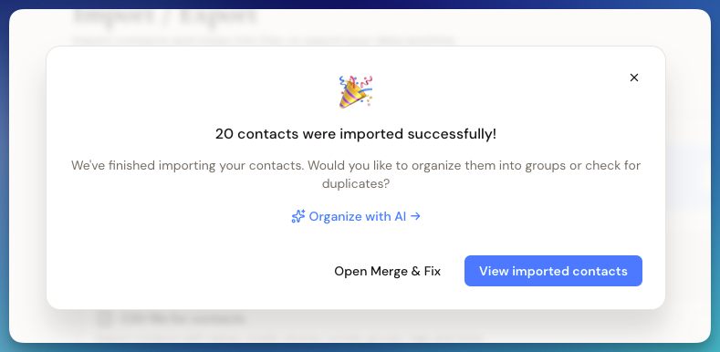 Import complete confirmation