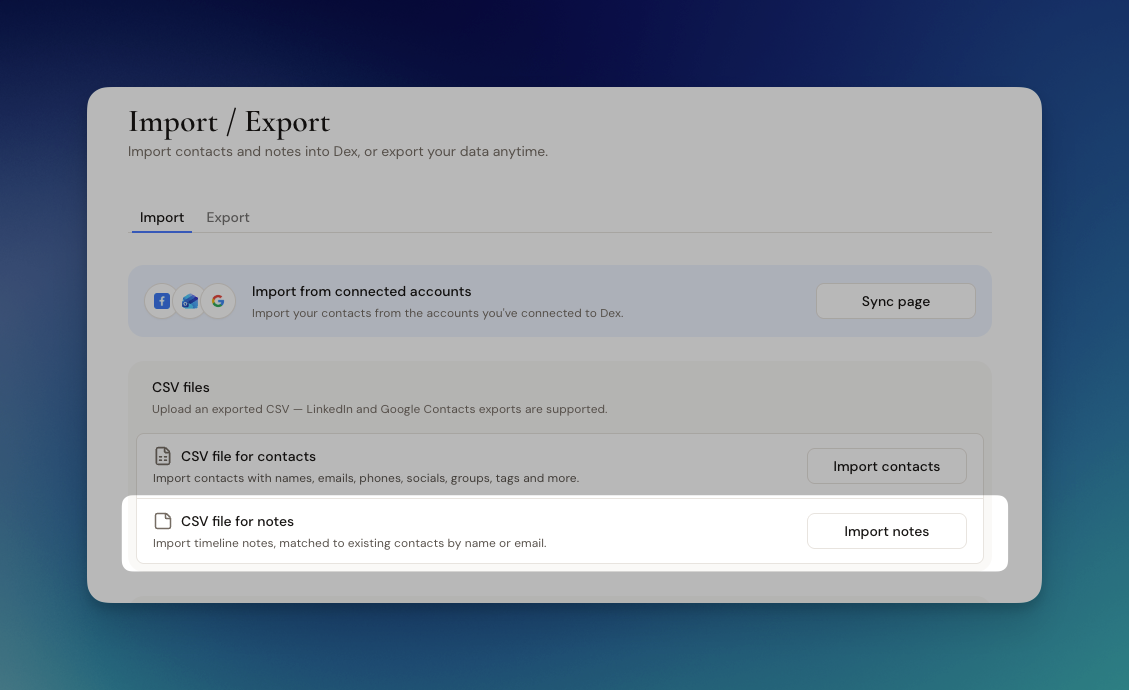 Import page with the CSV file for notes option
